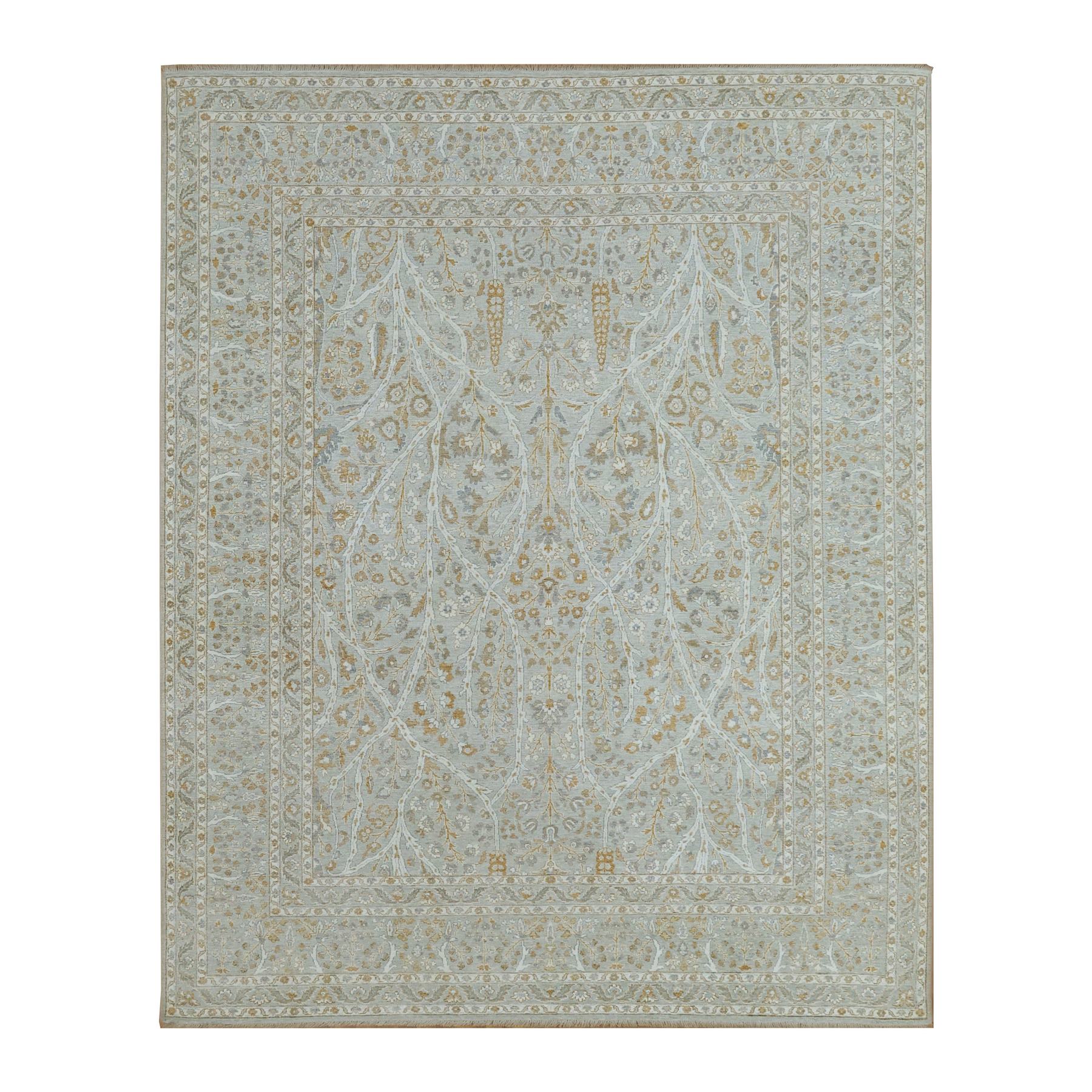 Misty Gray, Hand Knotted, Meditation Tree of Life Design, Tone on Tone, Zero Pile, 100% Wool, Densely Woven, 200 KPSI, Oriental Rug